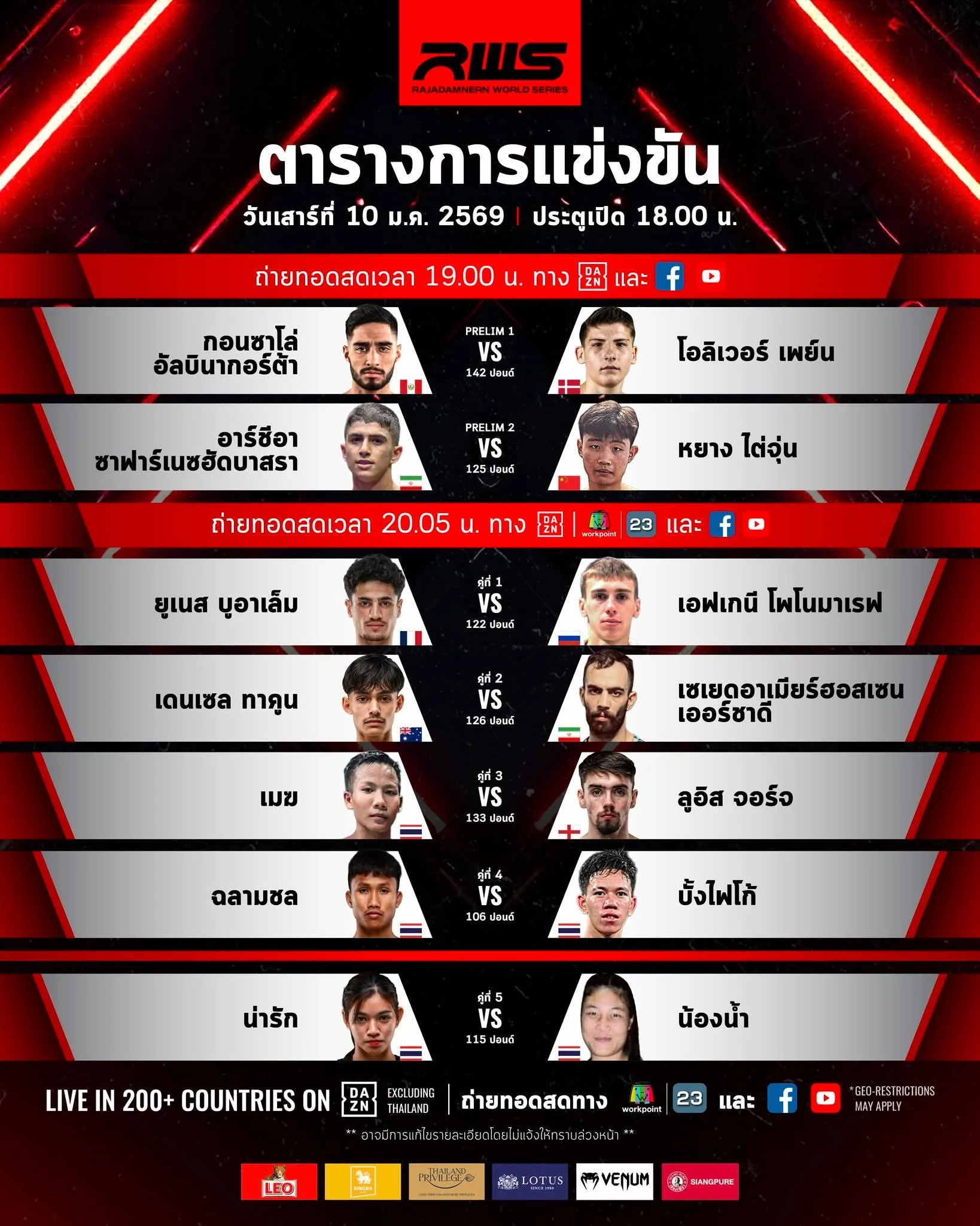 โปรแกรมมวยไทย RWS ราชดำเนิน ลิ้งก์ดูมวยสด วันเสาร์ที่ 10 ม.ค. 2569