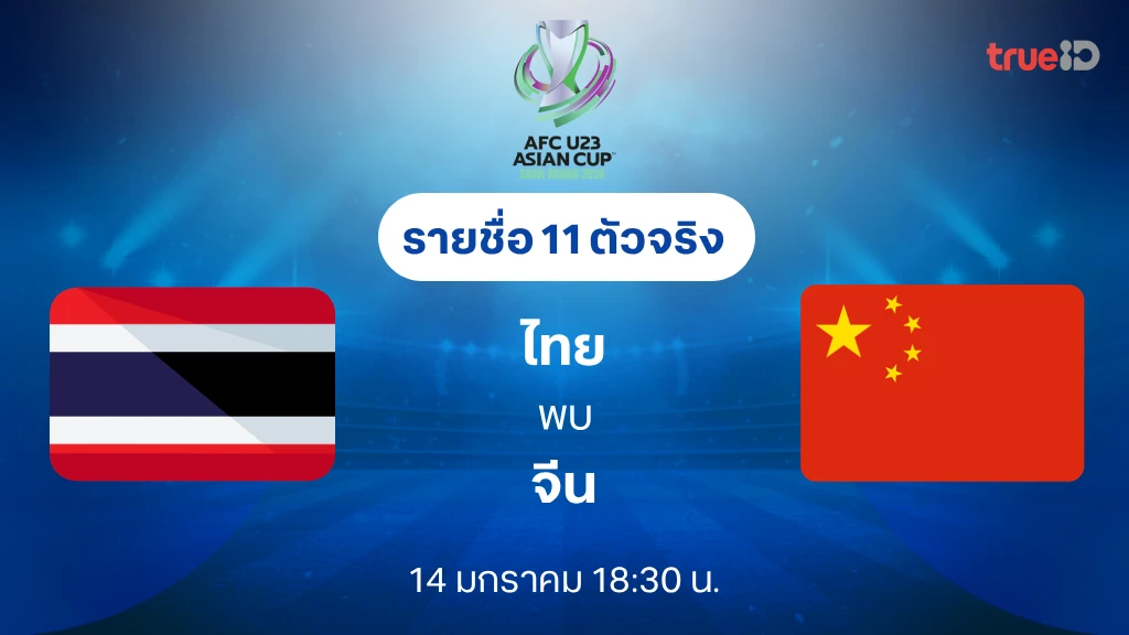 ไทย VS จีน : รายชื่อ 11 ตัวจริง ฟุตบอลชิงแชมป์เอเชีย U23 2026 (ลิ้งก์ดูบอลสด)