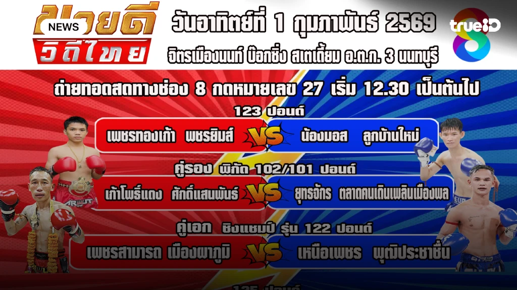 ช่อง 8 เสิร์ฟมวยสด สนุกสุดสัปดาห์วันอาทิตย์นี้ ต้อนรับเดือน ก.พ. ช่อง 8 เสิร์ฟมวยสด สนุกสุดสัปดาห์วันอาทิตย์นี้ ต้อนรับเดือน ก.พ.