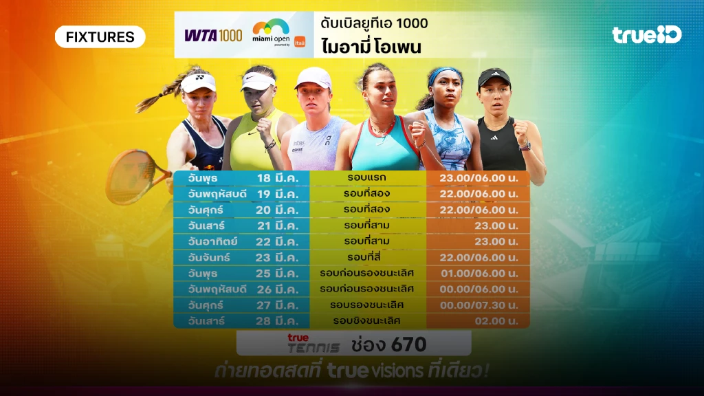 โปรแกรมเทนนิส ไมอามี่ โอเพ่น ลิ้งก์ดูสดเทนนิส ไมอามี่ โอเพ่น WTA 1000