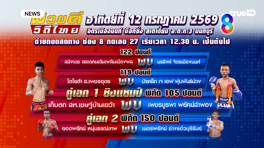 ความมันส์มาอีกแล้ว!! ช่อง 8 เสิร์ฟมวยสด ต้อนรับเดือนกรกฎาคม 69 ความมันส์มาอีกแล้ว!! ช่อง 8 เสิร์ฟมวยสด ต้อนรับเดือนกรกฎาคม 69