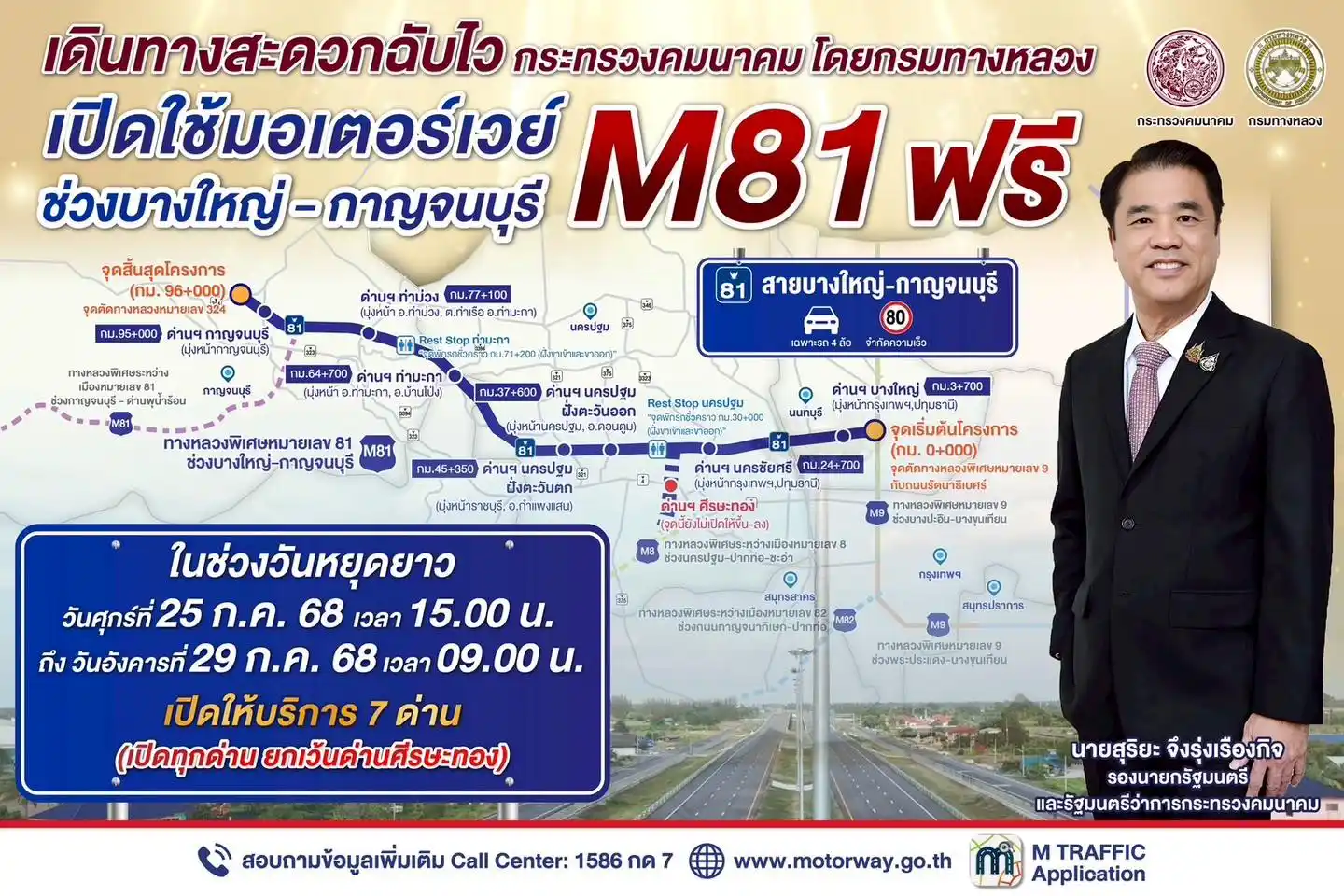 ขึ้นฟรี มอเตอร์เวย์ M81 บางใหญ่ - กาญจนบุรี วันหยุดยาว
